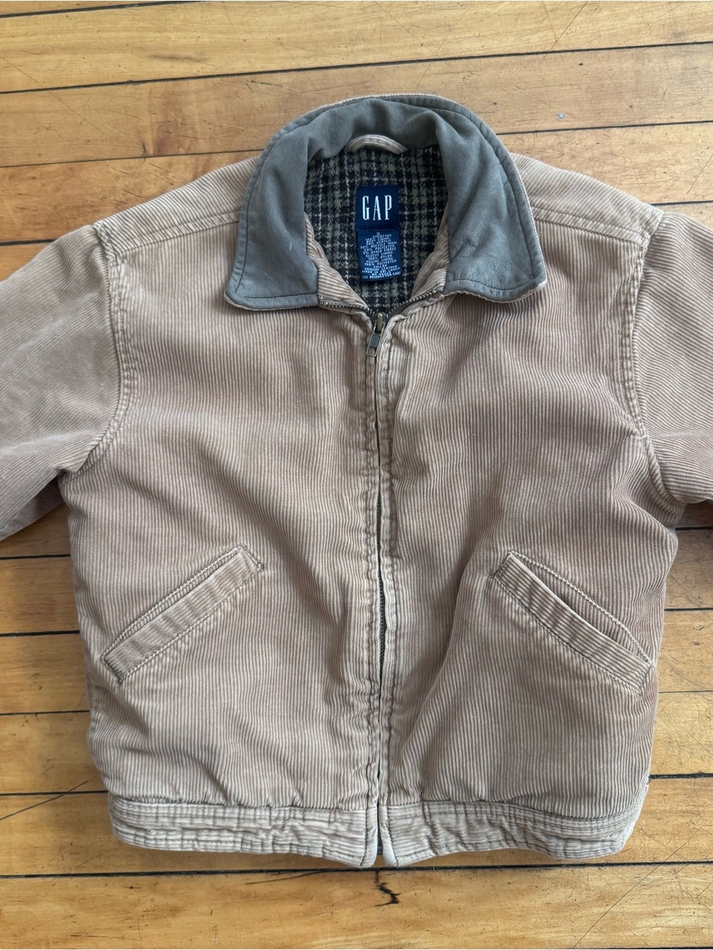 GAP kids size small corduroy plaid lined coat barn leather collar tan cotton zip